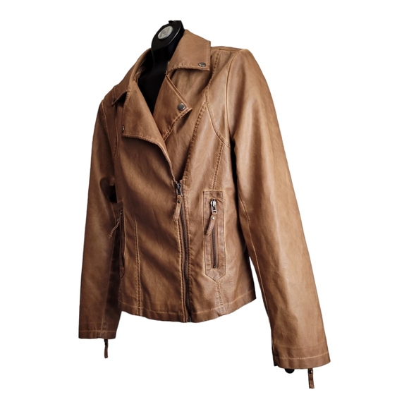 Max Studio Women's caramel tan aged Faux Leather moto biker jacket, L - Picture 4 of 16
